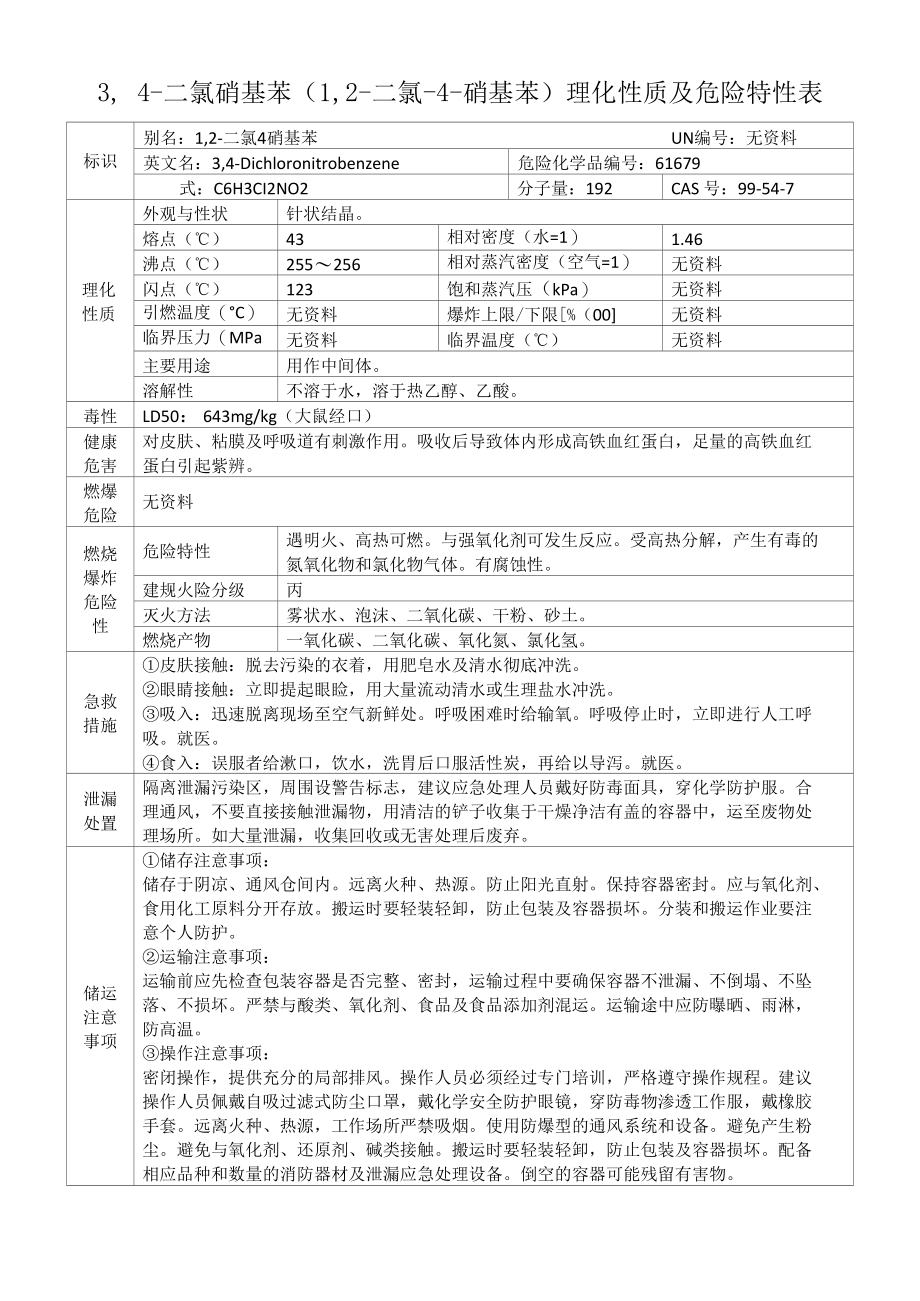 3,4-二氯硝基苯（1,2-二氯-4-硝基苯）的理化性质及危险特性表.docx_第1页