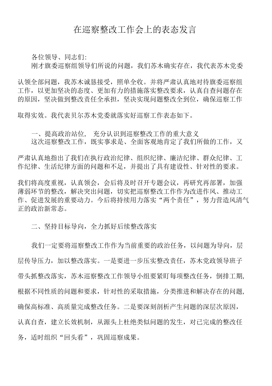 2022年在巡察整改工作会上的表态发言.docx_第1页