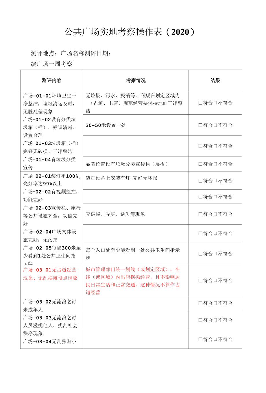 7. 公共广场 创建文明城市实地考察操作表测评表.docx_第1页