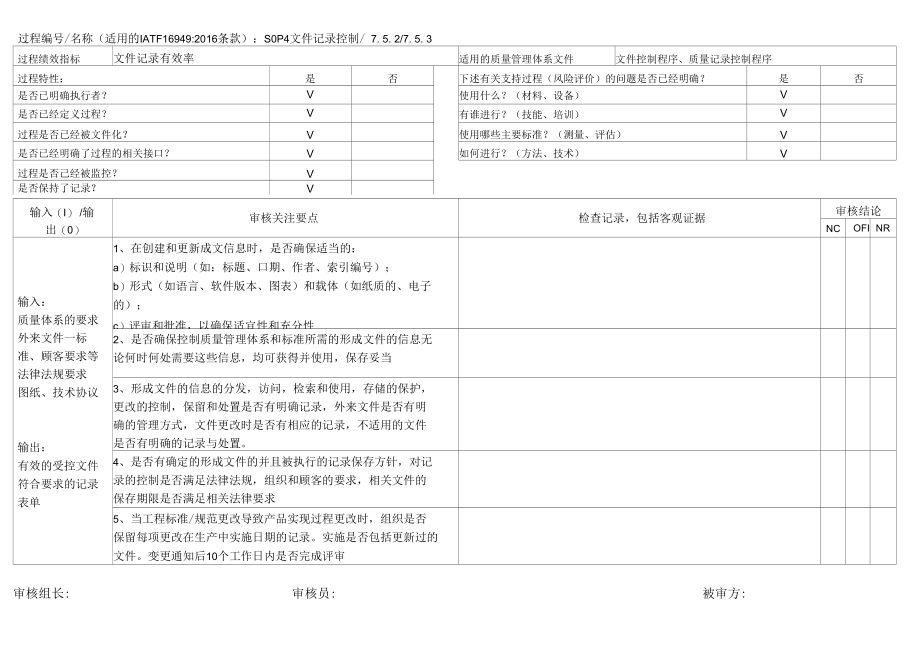 IATF16949-2016内部审核检查表（文件记录控制）.docx_第1页