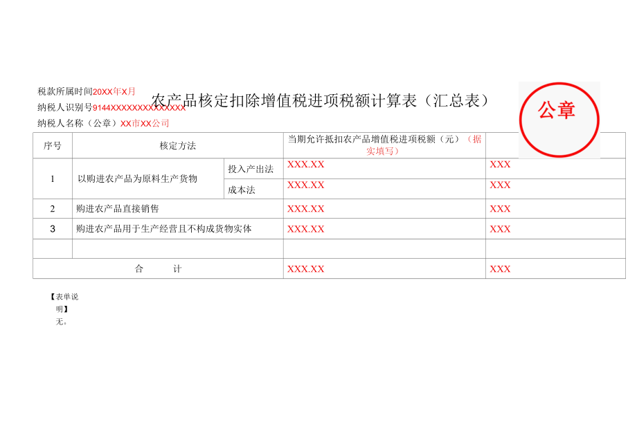 A06329《农产品核定扣除增值税进项税额计算表（汇总表）》（填写样例）.docx_第1页