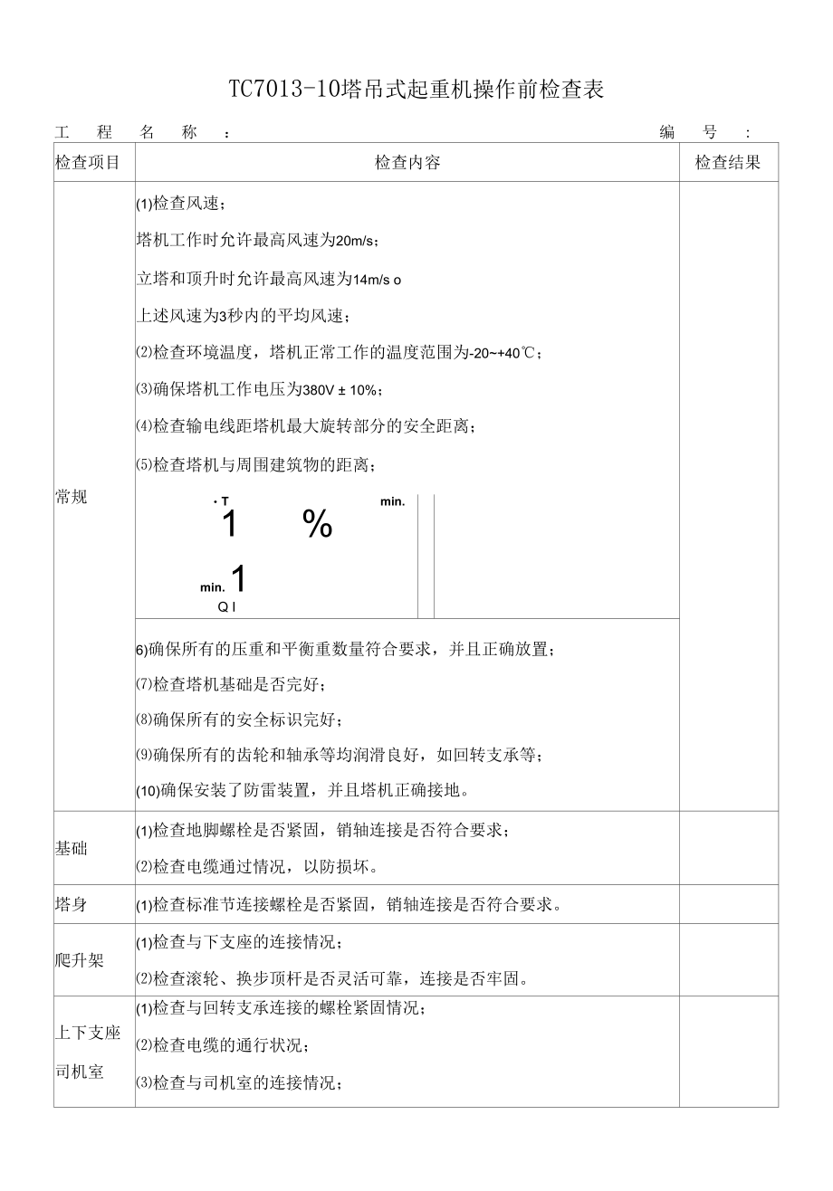 TC7013-10塔吊式起重机操作前检查表.docx_第1页