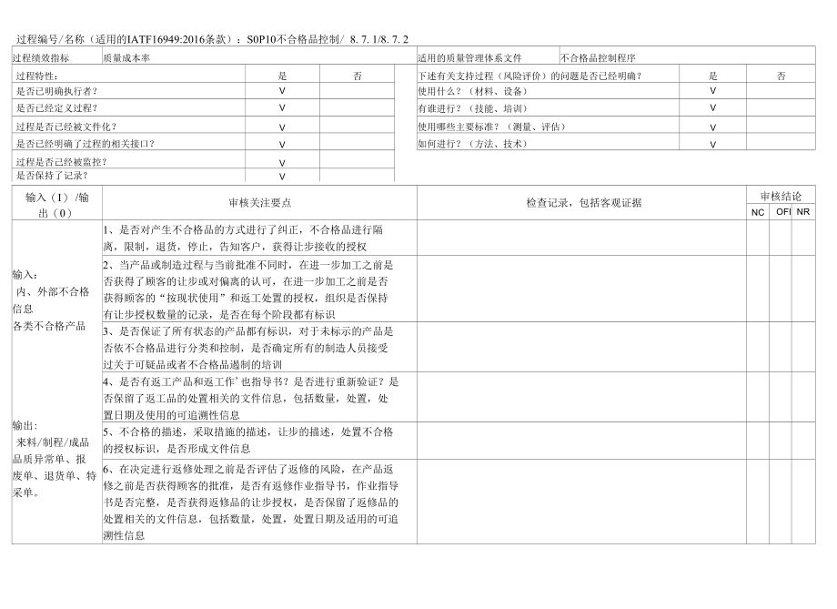 IATF16949-2016内部审核检查表（不合格品控制）.docx_第1页