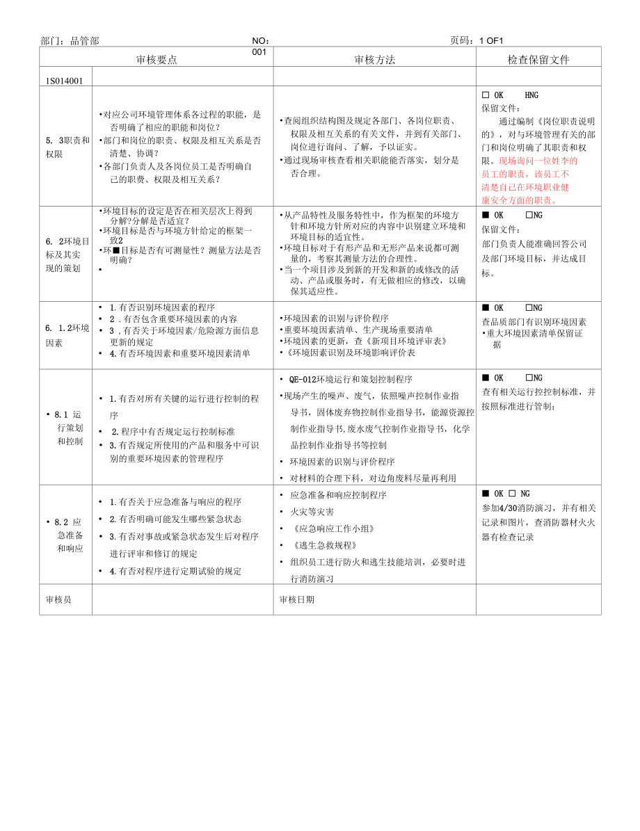 EMS内审检查表(品管部）.docx_第1页