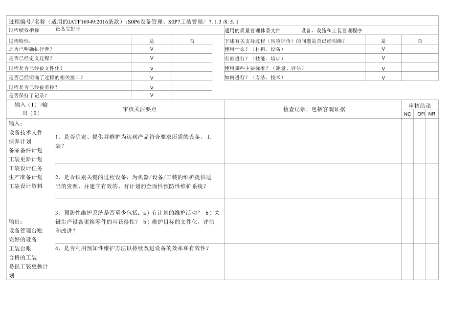 IATF16949-2016内部审核检查表（设备管理、工装管理）.docx_第1页