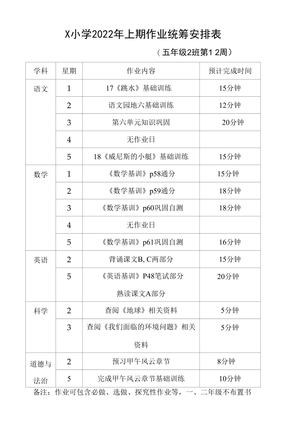 X小学2022年上期作业统筹安排表.docx_第1页