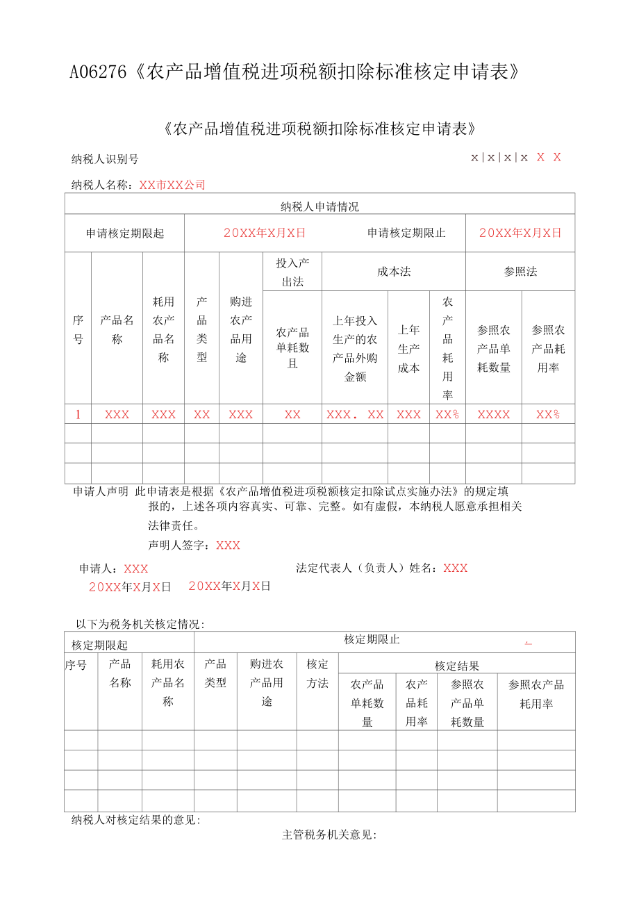 A06276《农产品增值税进项税额扣除标准核定申请表》（填写样例）.docx_第1页