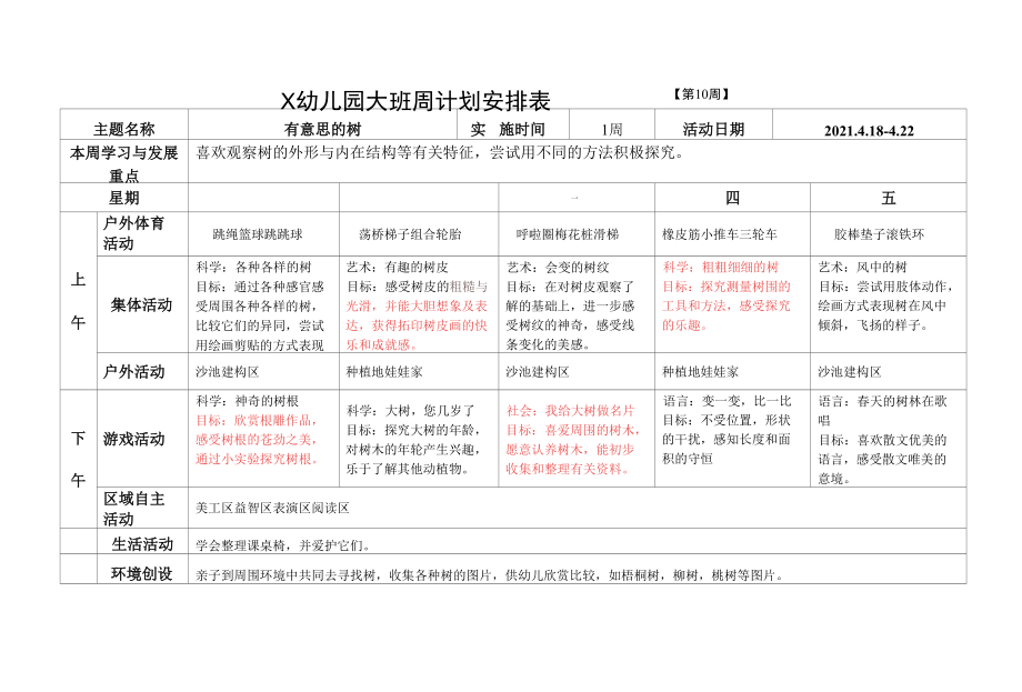 X幼儿园大班周计划安排表.docx_第1页