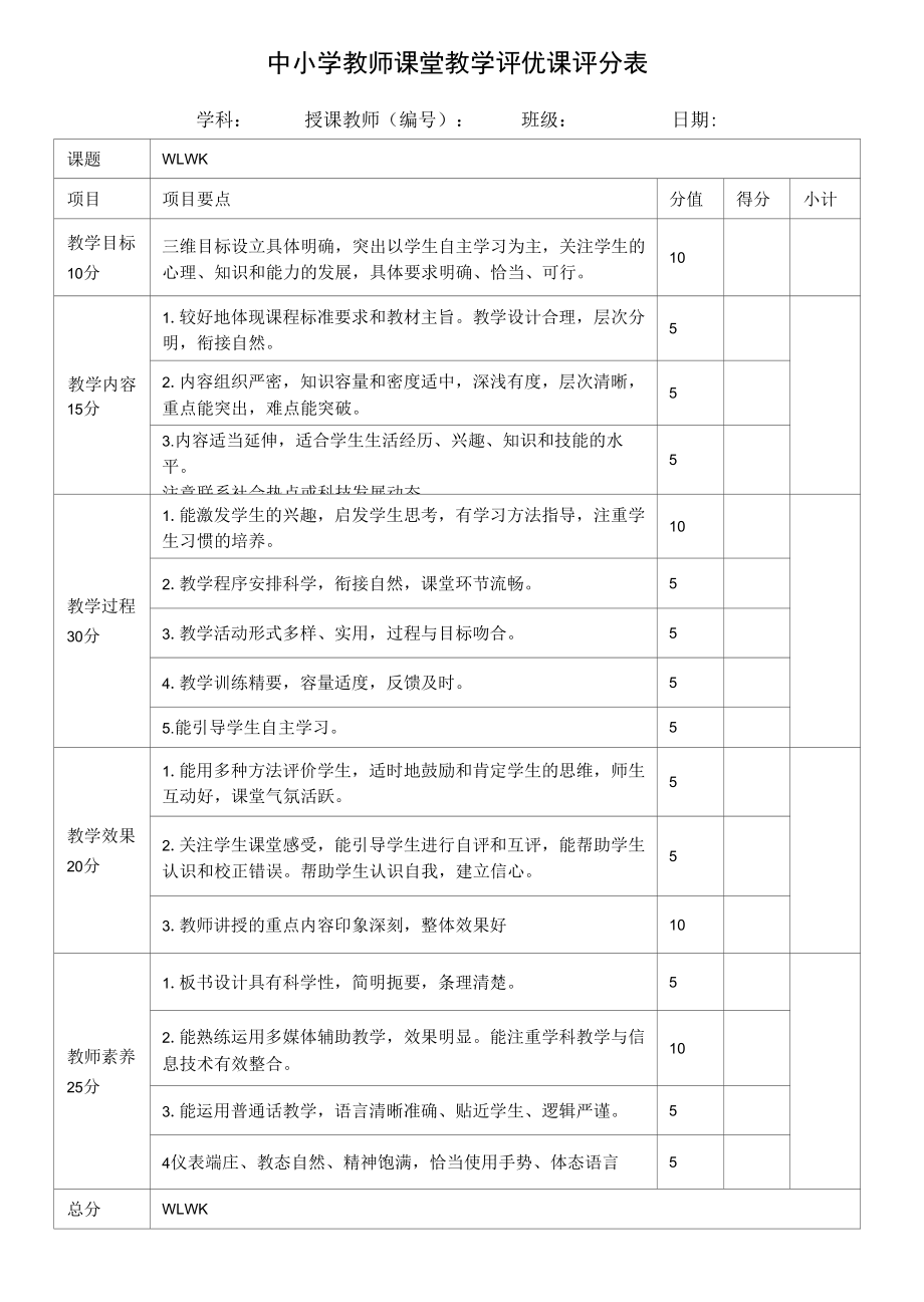 中小学教师课堂教学评优课评分表.docx_第1页