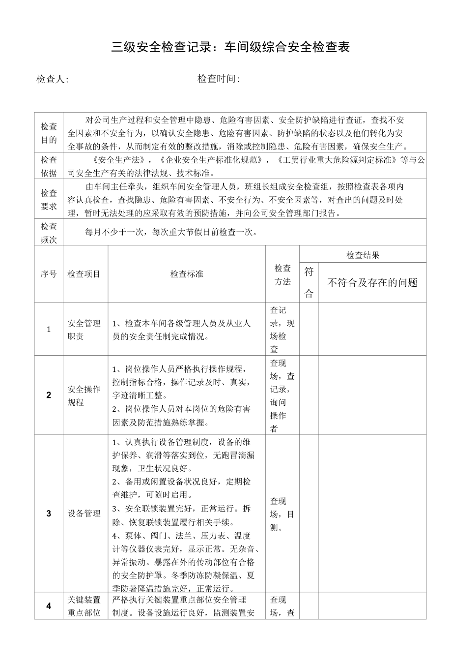 三级安全检查记录—车间级安全检查表.docx_第1页