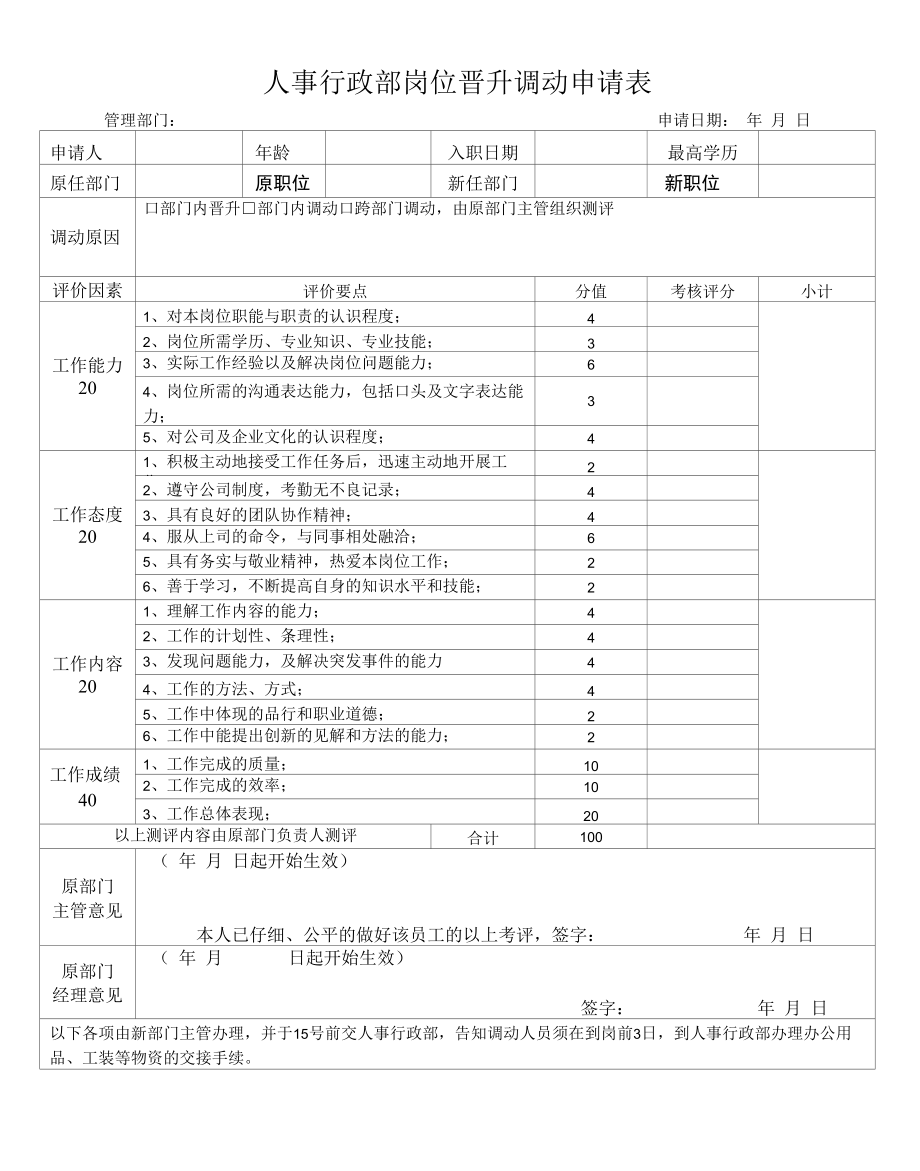 人事行政部岗位晋升调动申请表.docx_第1页