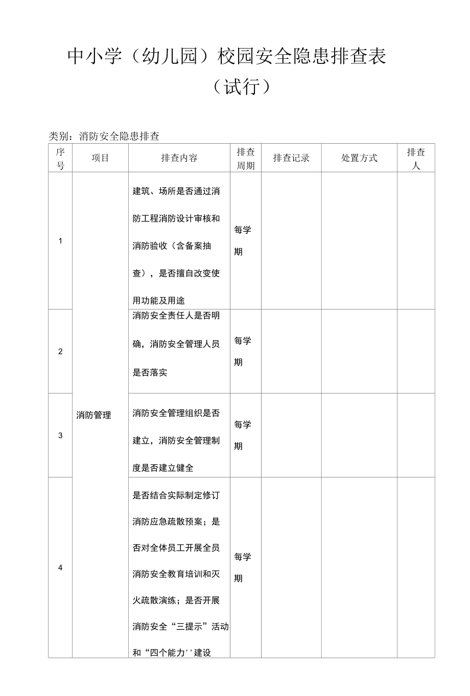 中小学（幼儿园）校园安全隐患排查表 消防安全隐患排查（试行）.docx_第1页