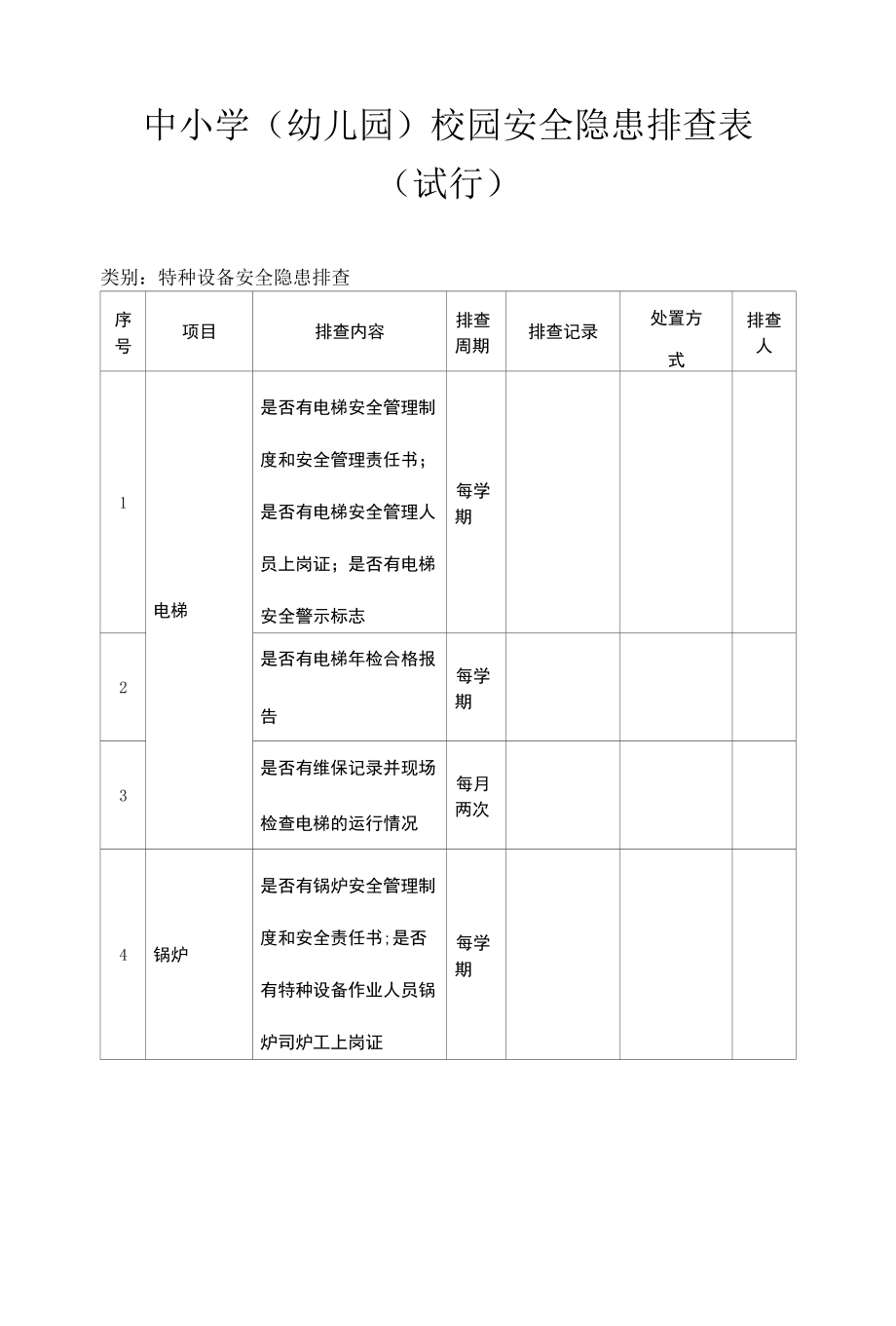 中小学（幼儿园）校园安全隐患排查表 特种设备安全隐患排查（试行）.docx_第1页