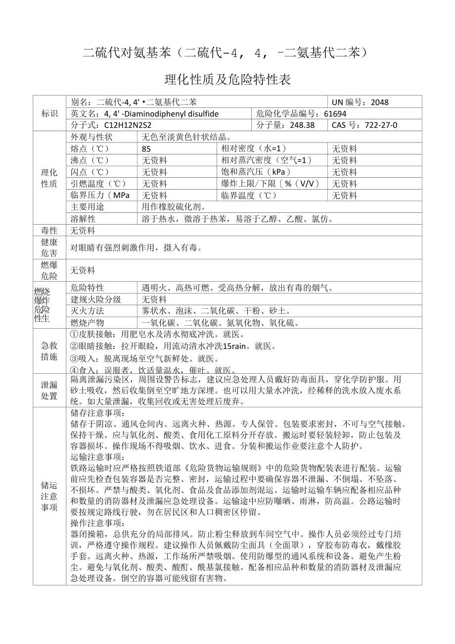 二硫代对氨基苯（二硫代-44′-二氨基代二苯）的理化性质及危险特性表.docx_第1页