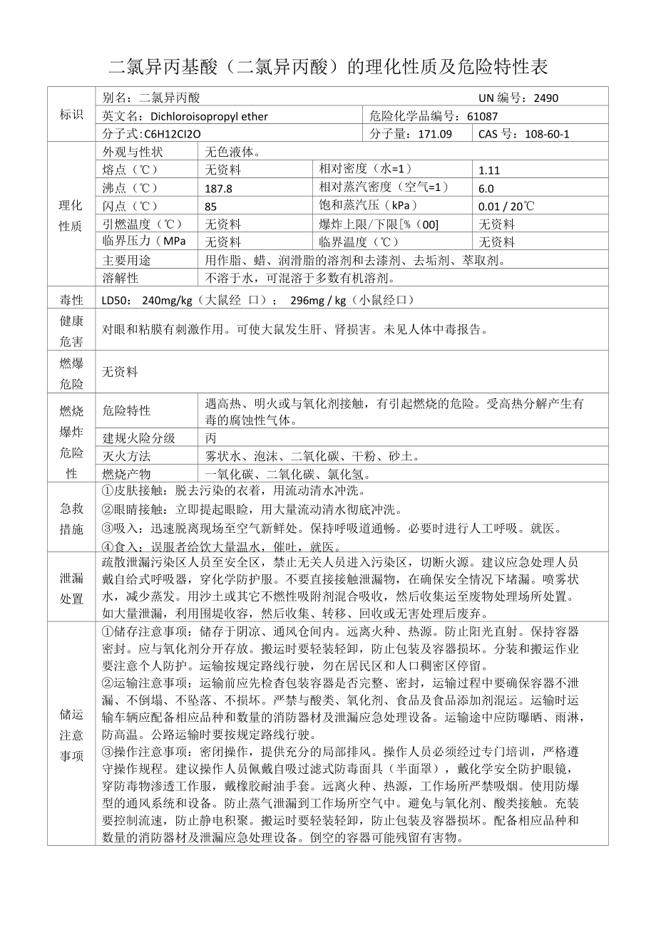 二氯异丙基醚（二氯异丙醚）的理化性质及危险特性表.docx_第1页