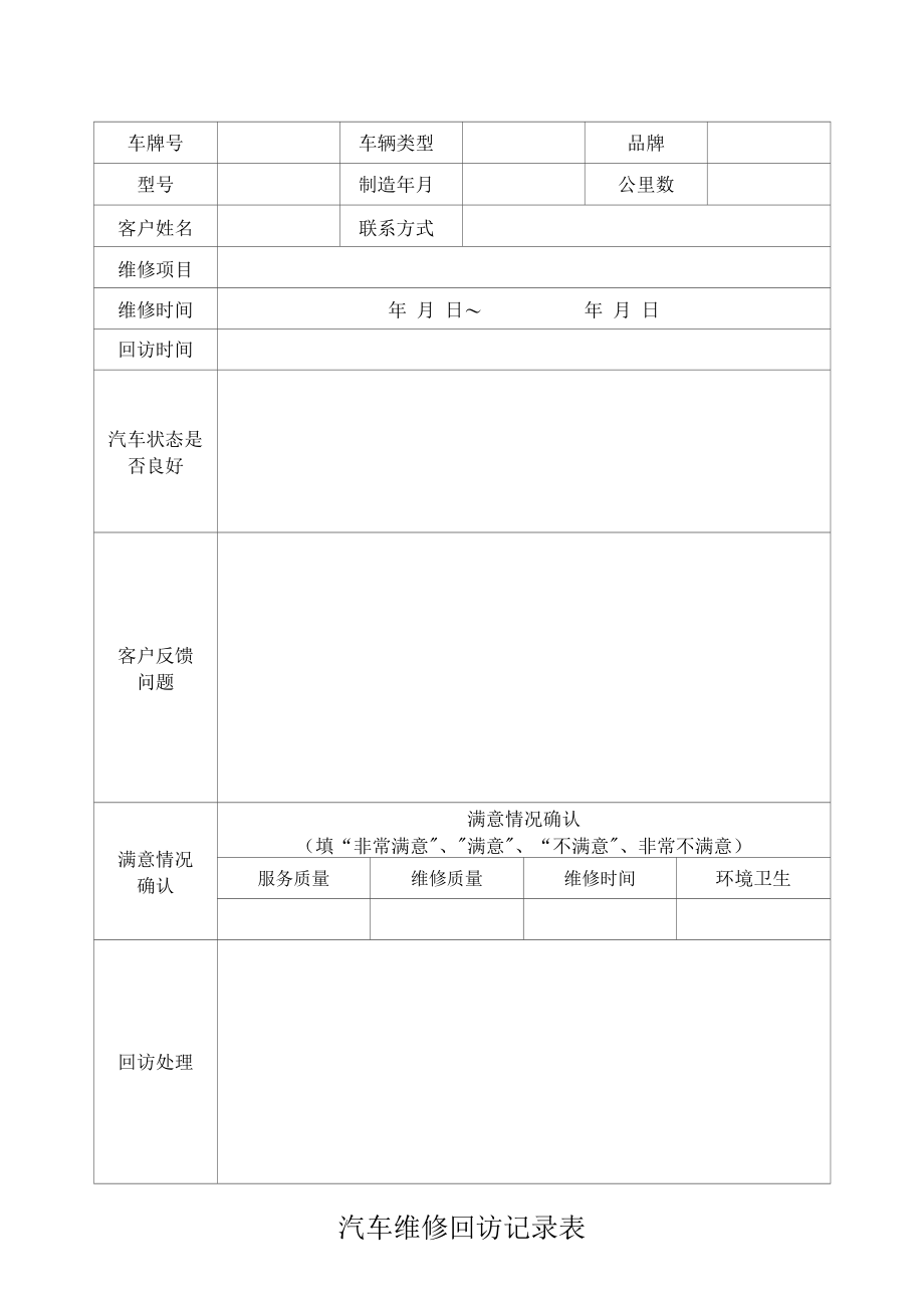 汽车维修回访记录表.docx_第1页