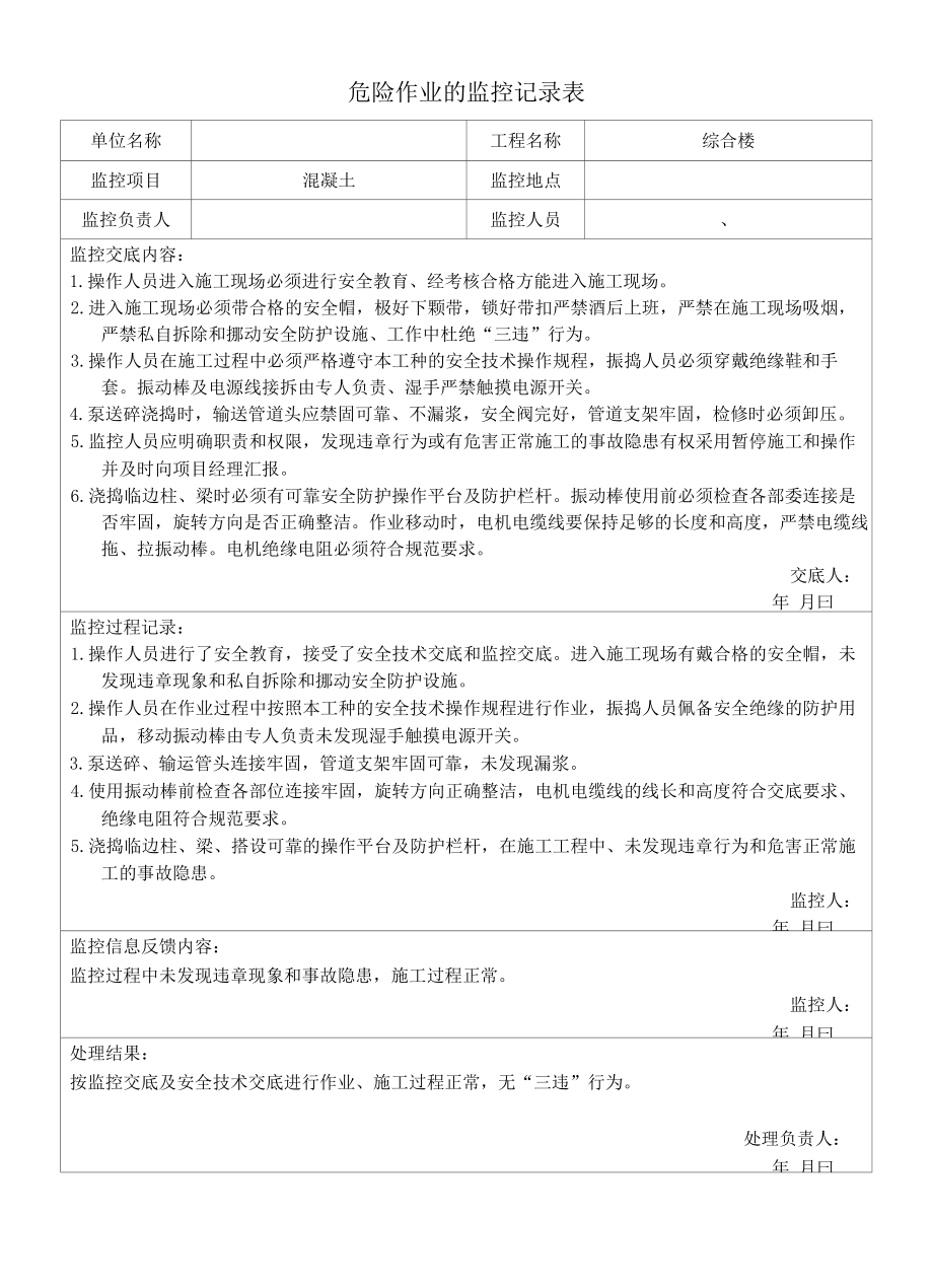 混凝土作业的监控记录表.docx_第1页