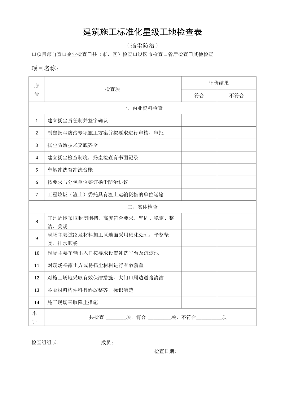 建筑施工标准化星级工地检查表（扬尘防治）.docx_第1页