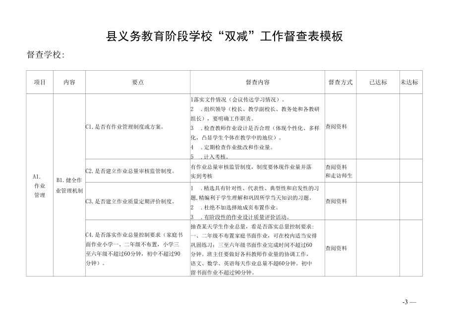 县义务教育阶段学校“双减”工作督查表模板.docx_第1页