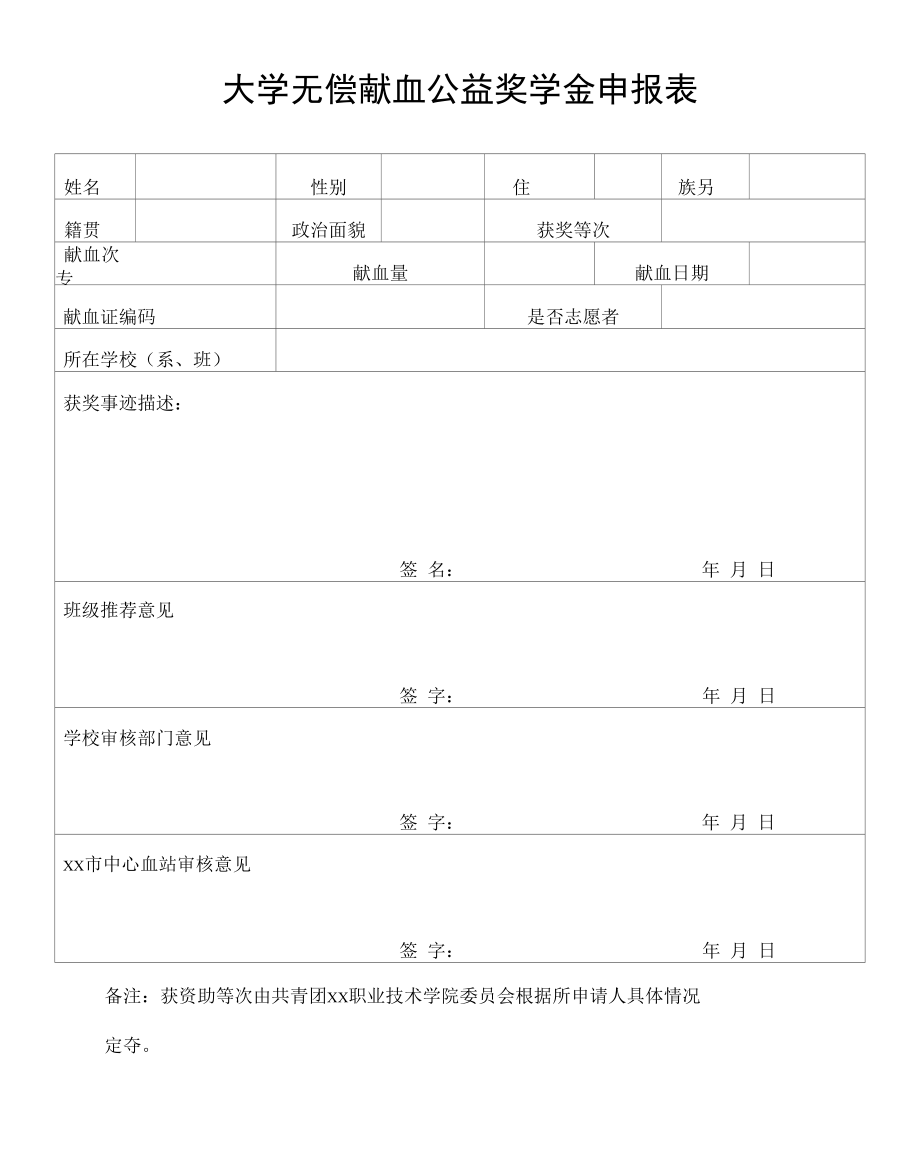 大学无偿献血公益奖学金申报表.docx_第1页