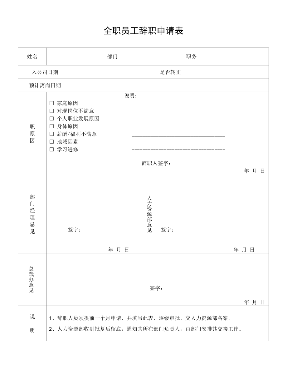 全职员工辞职申请表.docx_第1页