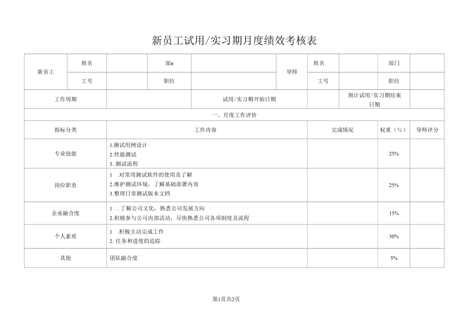 新员工试用实习期月度绩效考核表.docx_第1页