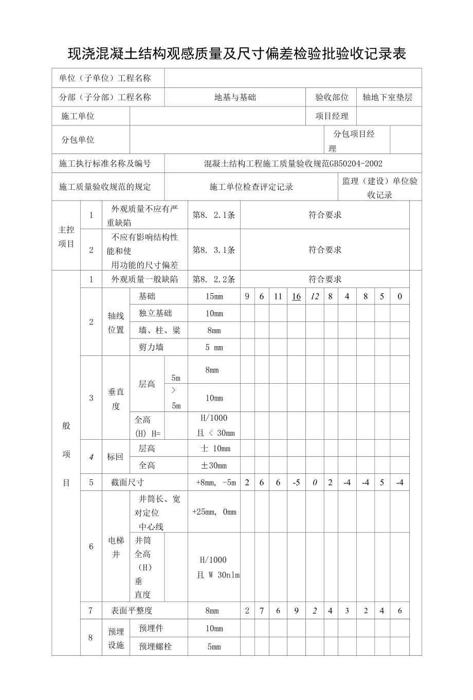 现浇混凝土结构观感质量及尺寸偏差检验批验收记录表.docx_第1页