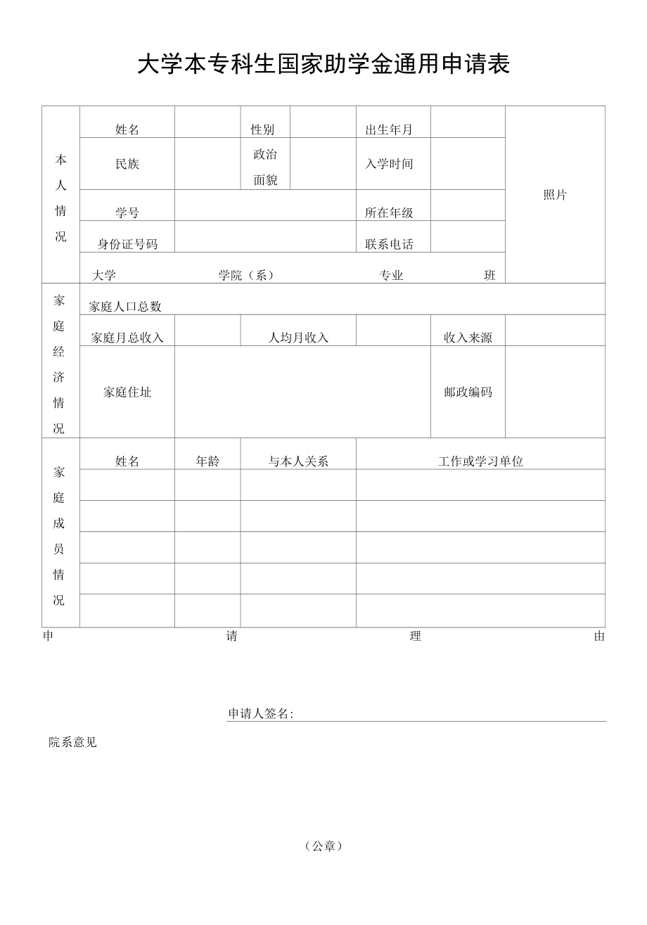 大学本专科生国家助学金通用申请表.docx_第1页