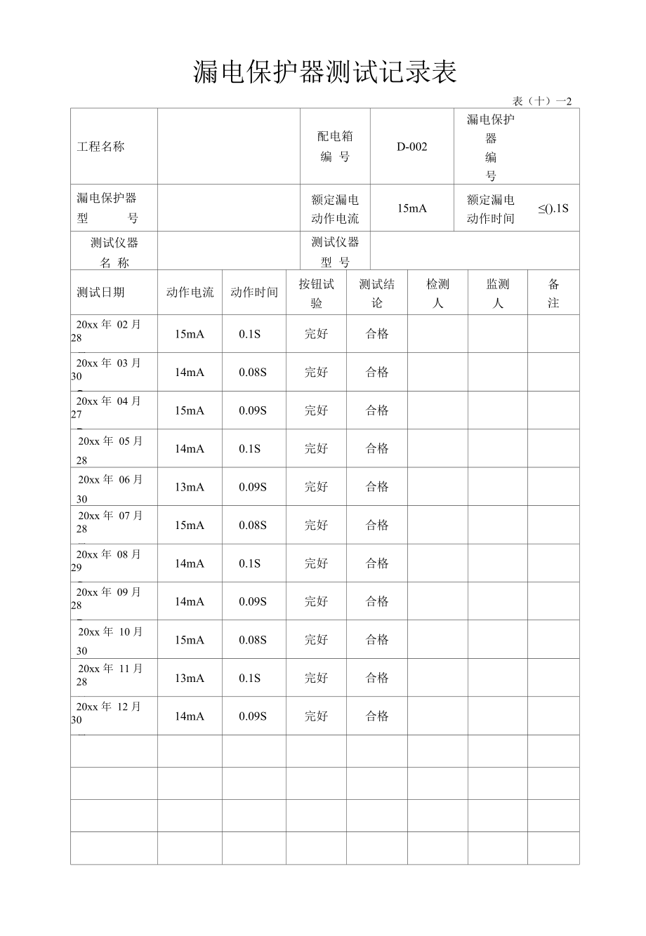 漏电保护器测试记录表.docx_第1页