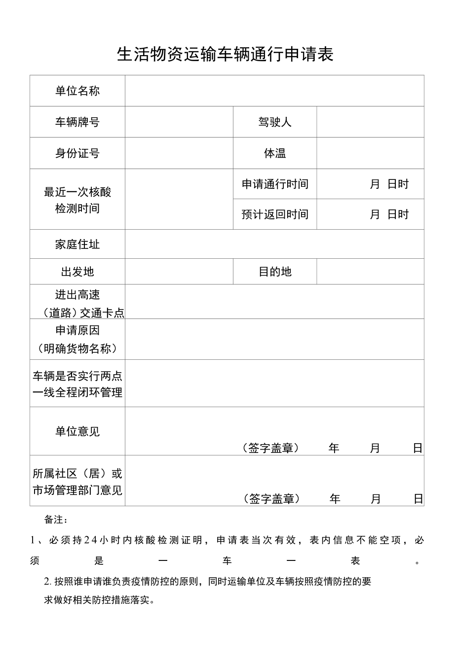 生活物资运输车辆通行申请表.docx_第1页