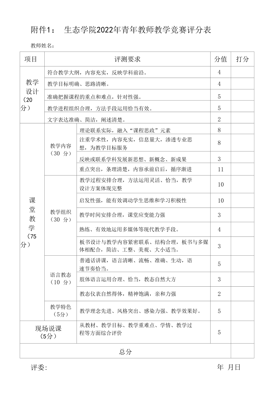 附件2 2017年丽水学院青年教师教学竞赛评分表.docx_第1页