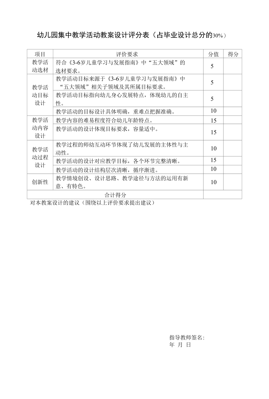 幼儿园集中教学活动教案设计评分表.docx_第1页