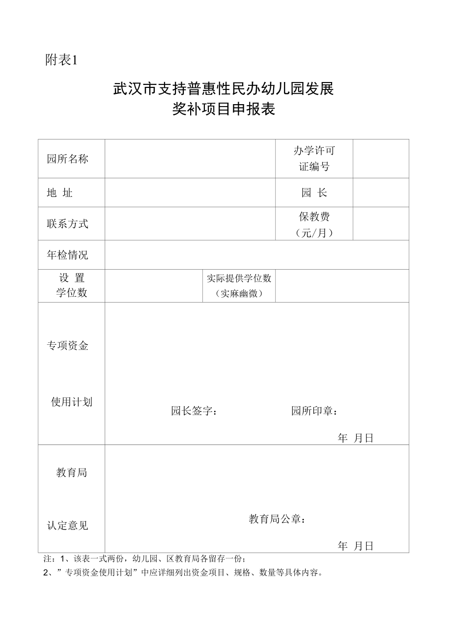 武汉市支持普惠性民办幼儿园发展奖补资金申请表.docx_第1页