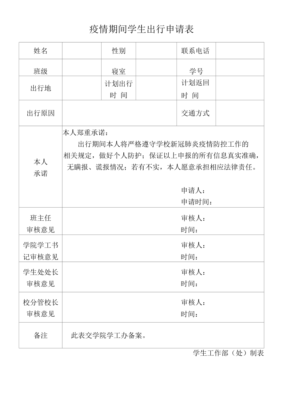 疫情期间学生出行申请表.docx_第1页