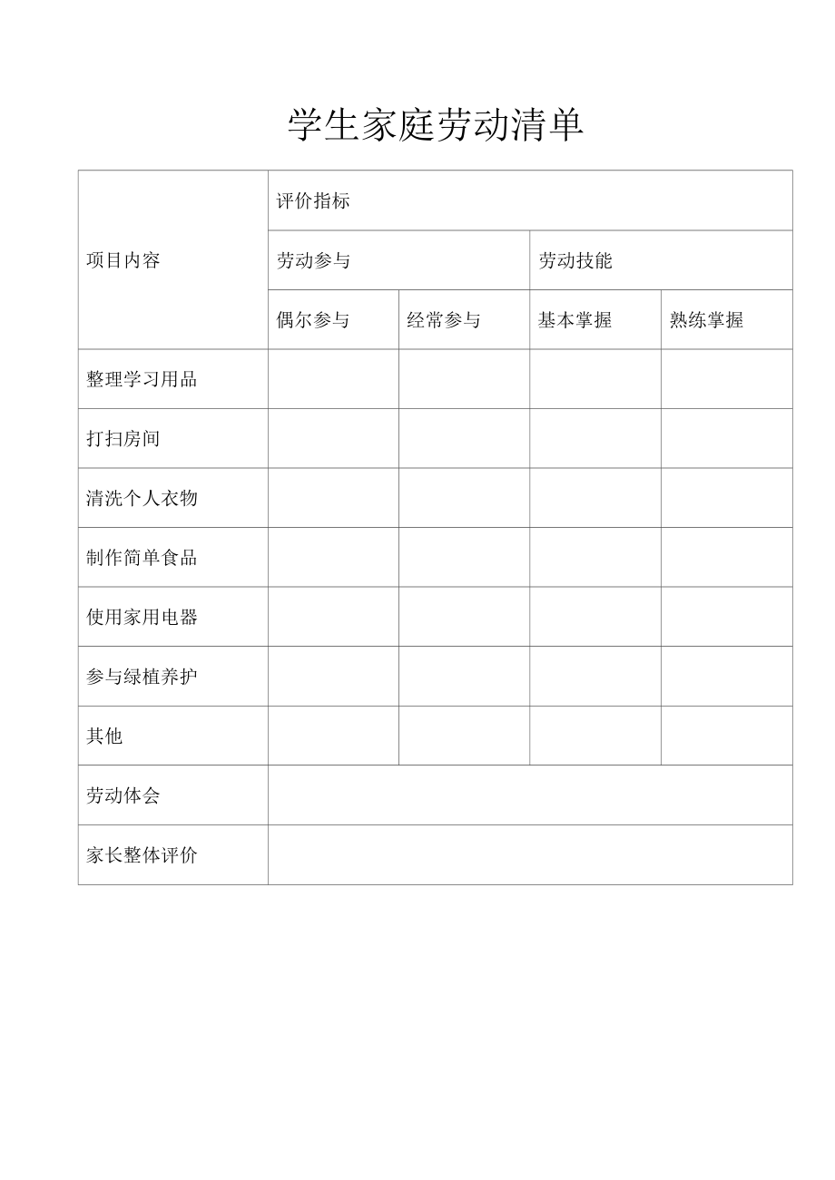 学生家庭劳动清单（学校劳动教育课教学表格资料）.docx_第1页