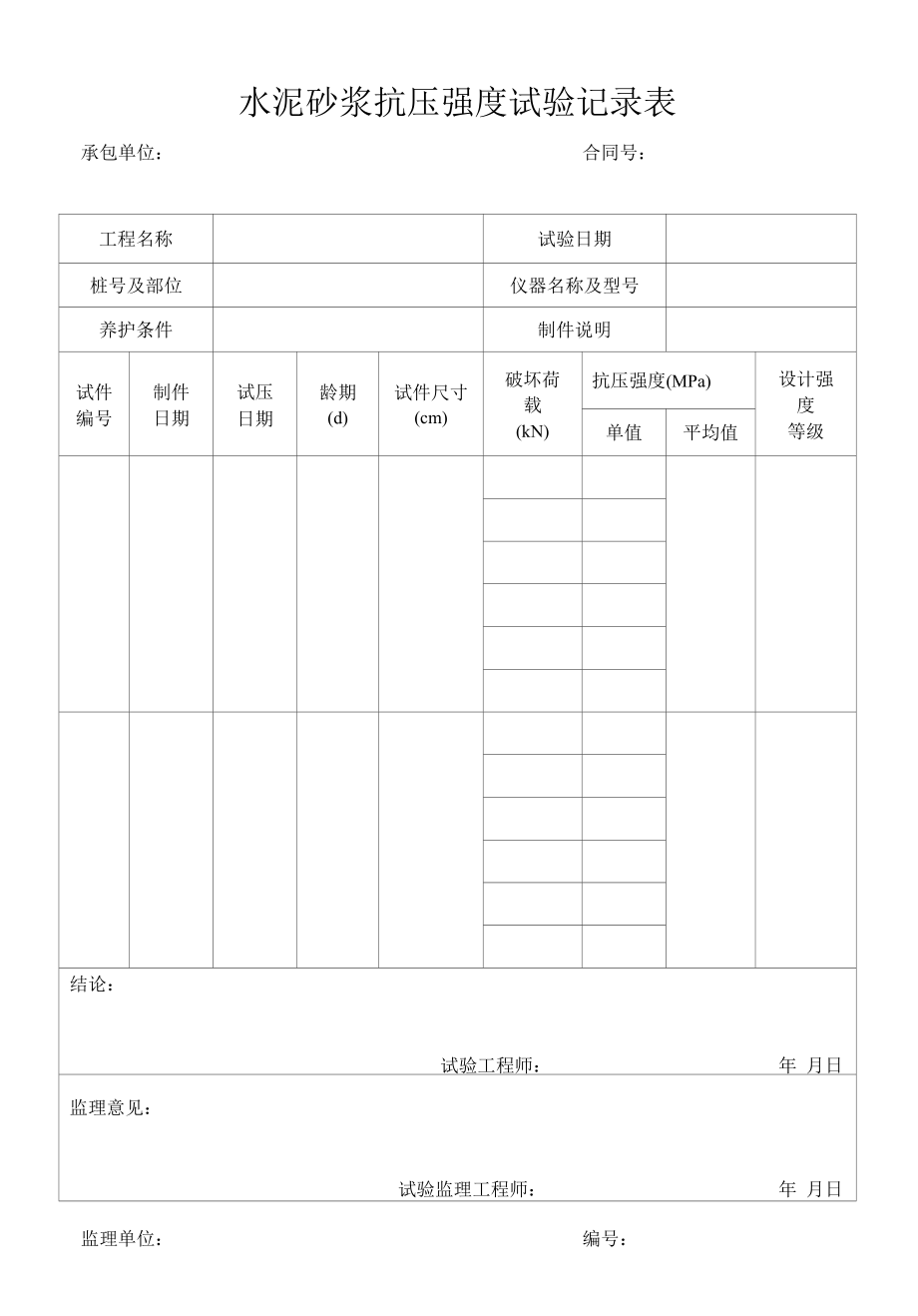 水泥砂浆抗压强度试验记录表（标准版）.docx_第1页