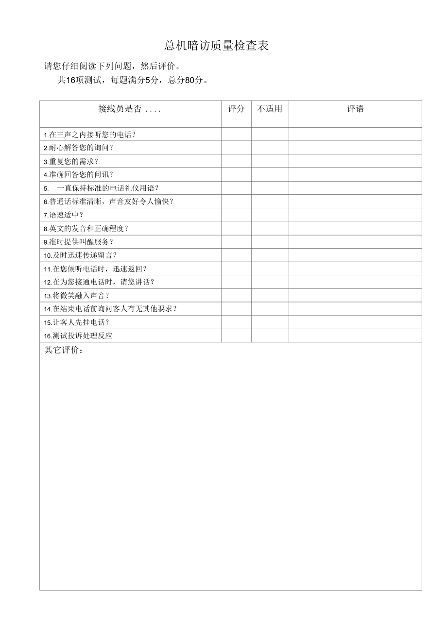 酒店总机暗访质量检查表（五星标准）.docx_第1页