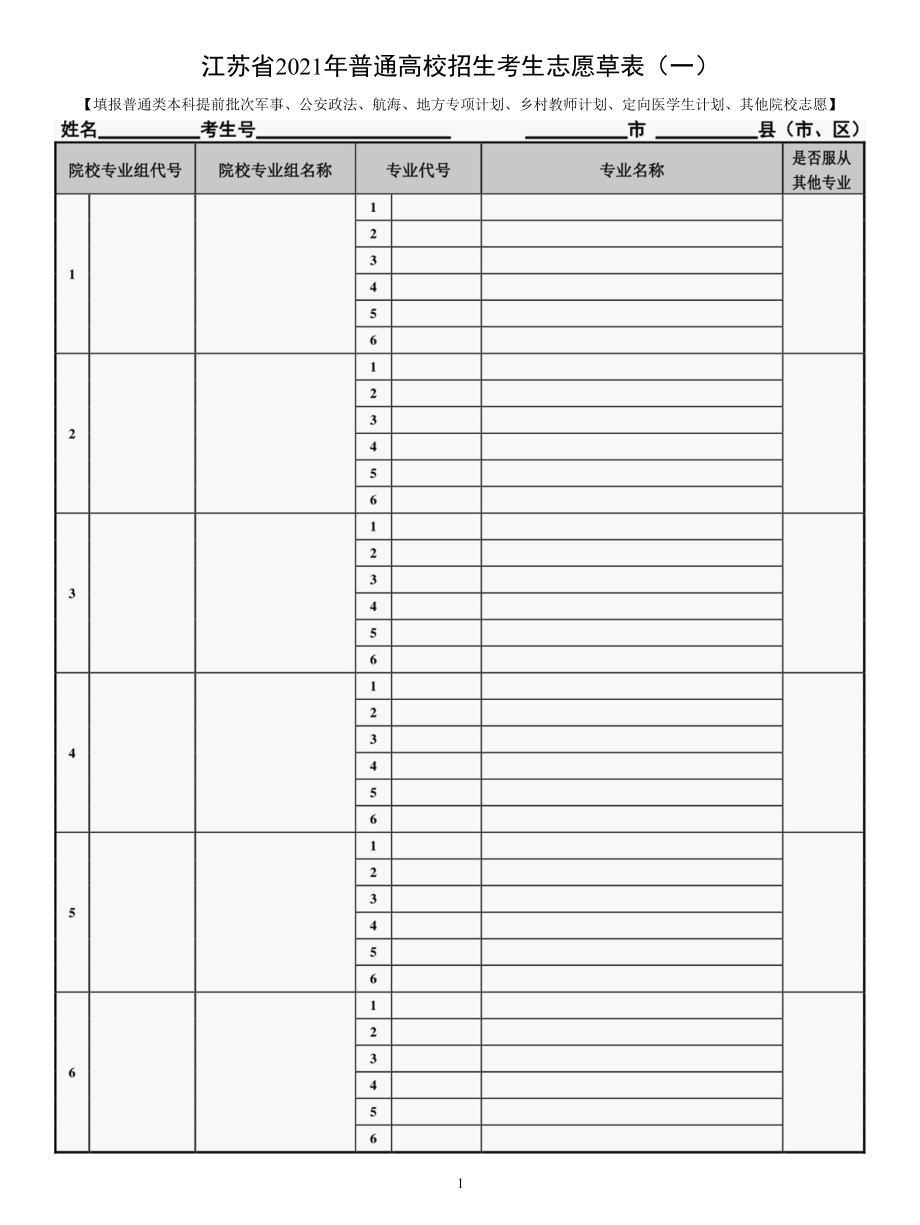 江苏省2021年普通高校招生考生志愿草表.docx_第1页