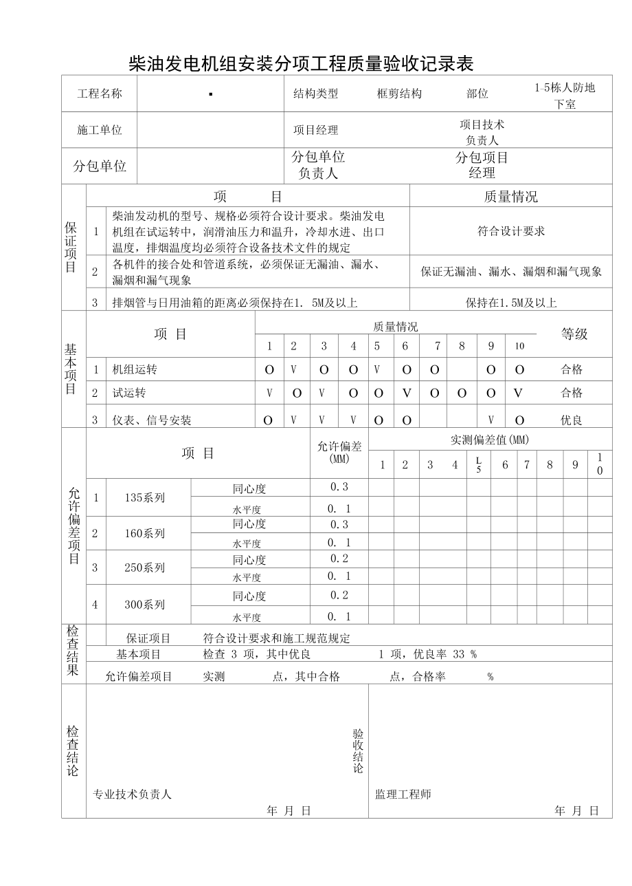 柴油发电机组安装分项工程质量验收记录表 (模板).docx_第1页