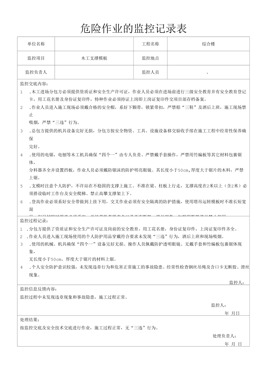 模板支撑作业的监控记录表.docx_第1页