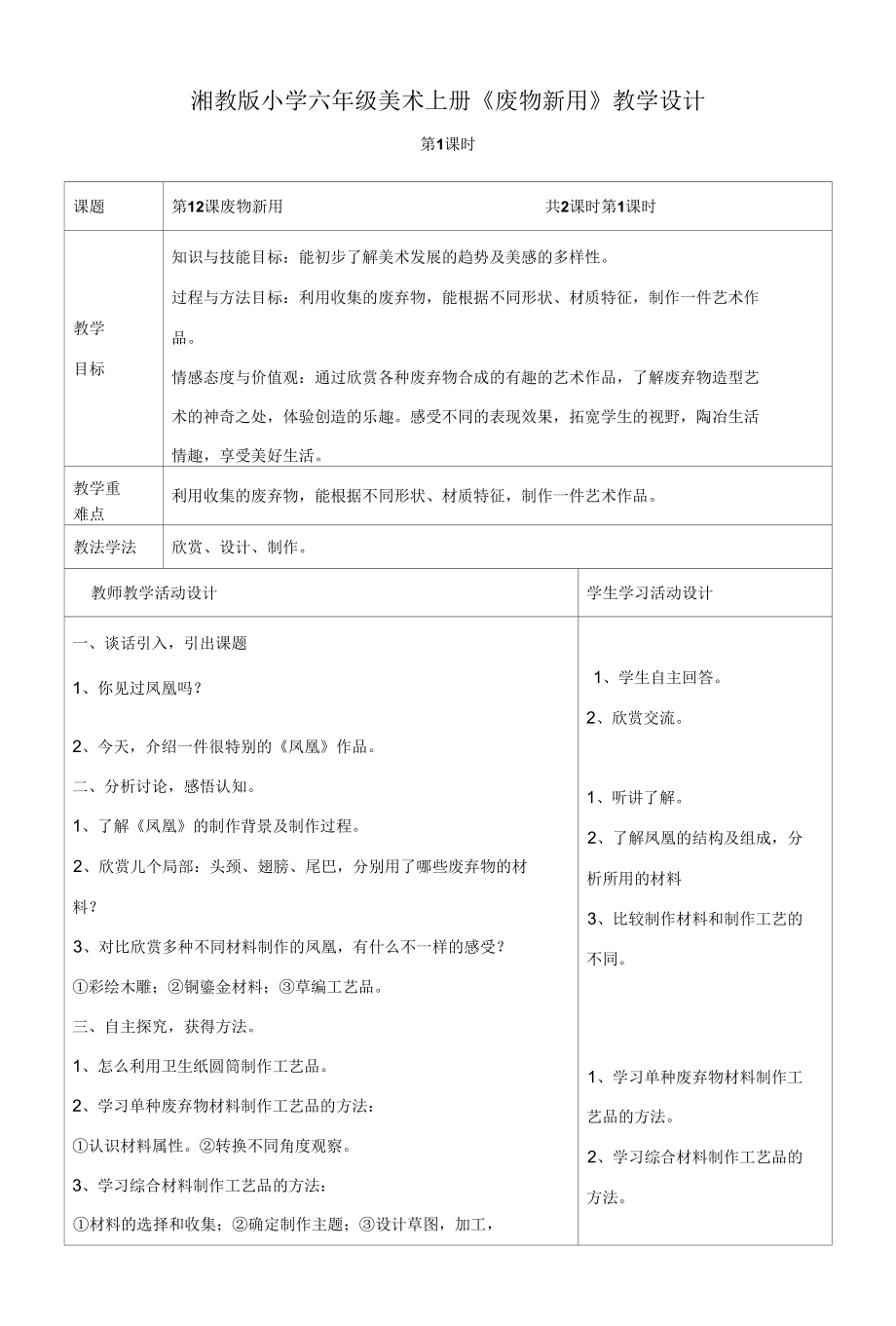 湘教版小学六年级美术上册《废物新用》教学设计（表格式）.docx_第1页