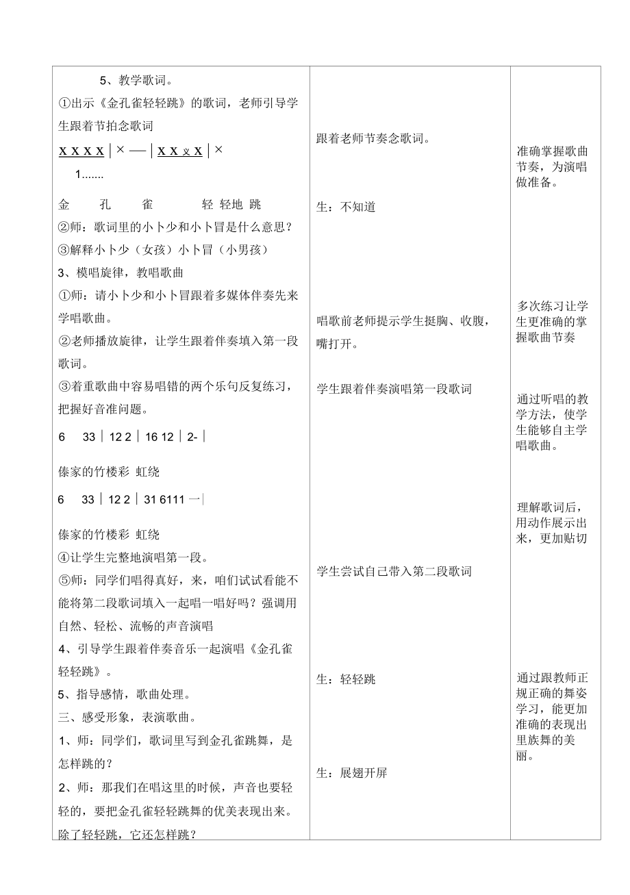 冀少版 二年级上册音乐教案第六单元 金孔雀轻轻跳（表格式）.docx_第3页