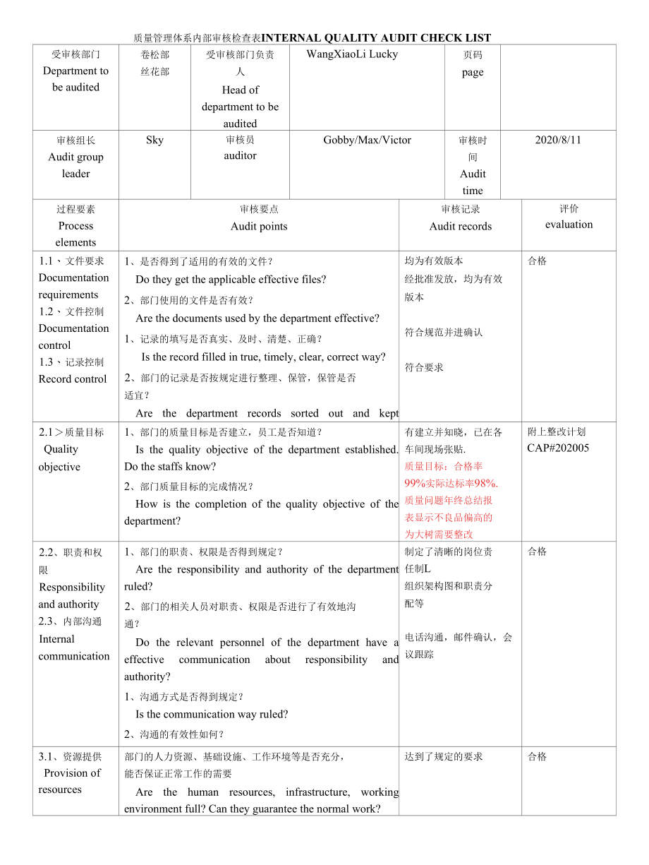 质量内审检查表.docx_第1页