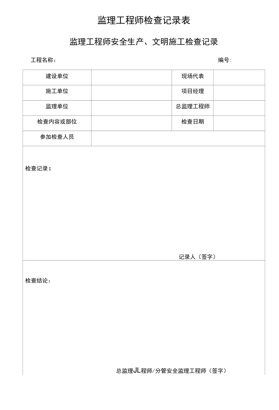 监理工程师检查记录表：监理工程师安全生产、文明施工检查记录.docx_第1页