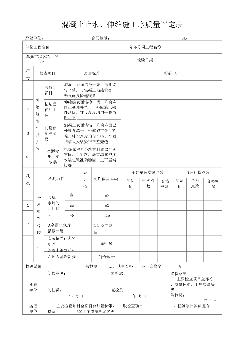 成都某路桥公司施工文档之混凝土止水、伸缩缝工序质量评定表.docx_第1页