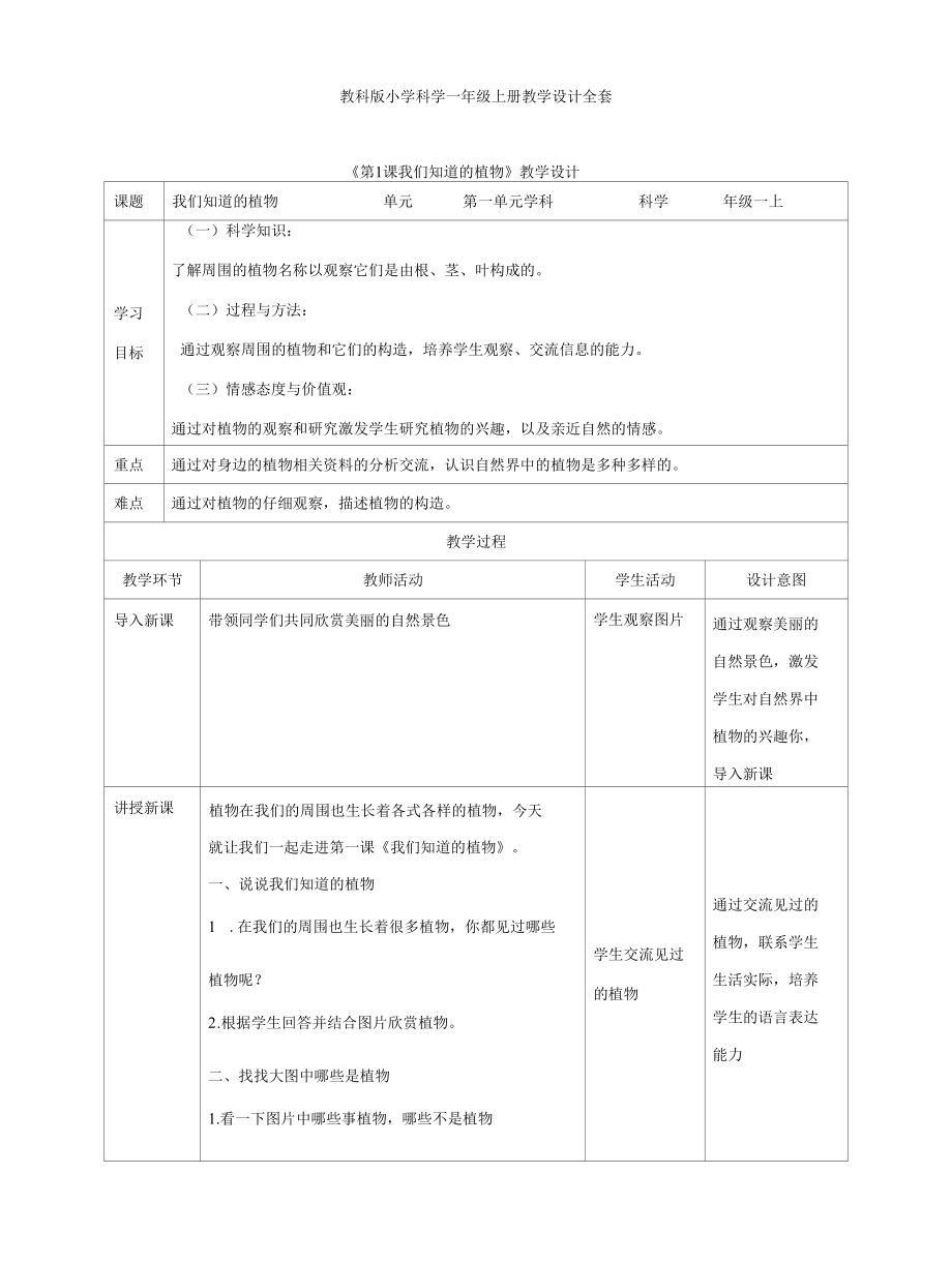 教科版小学科学一年级上册教学设计全套（表格）.docx_第1页