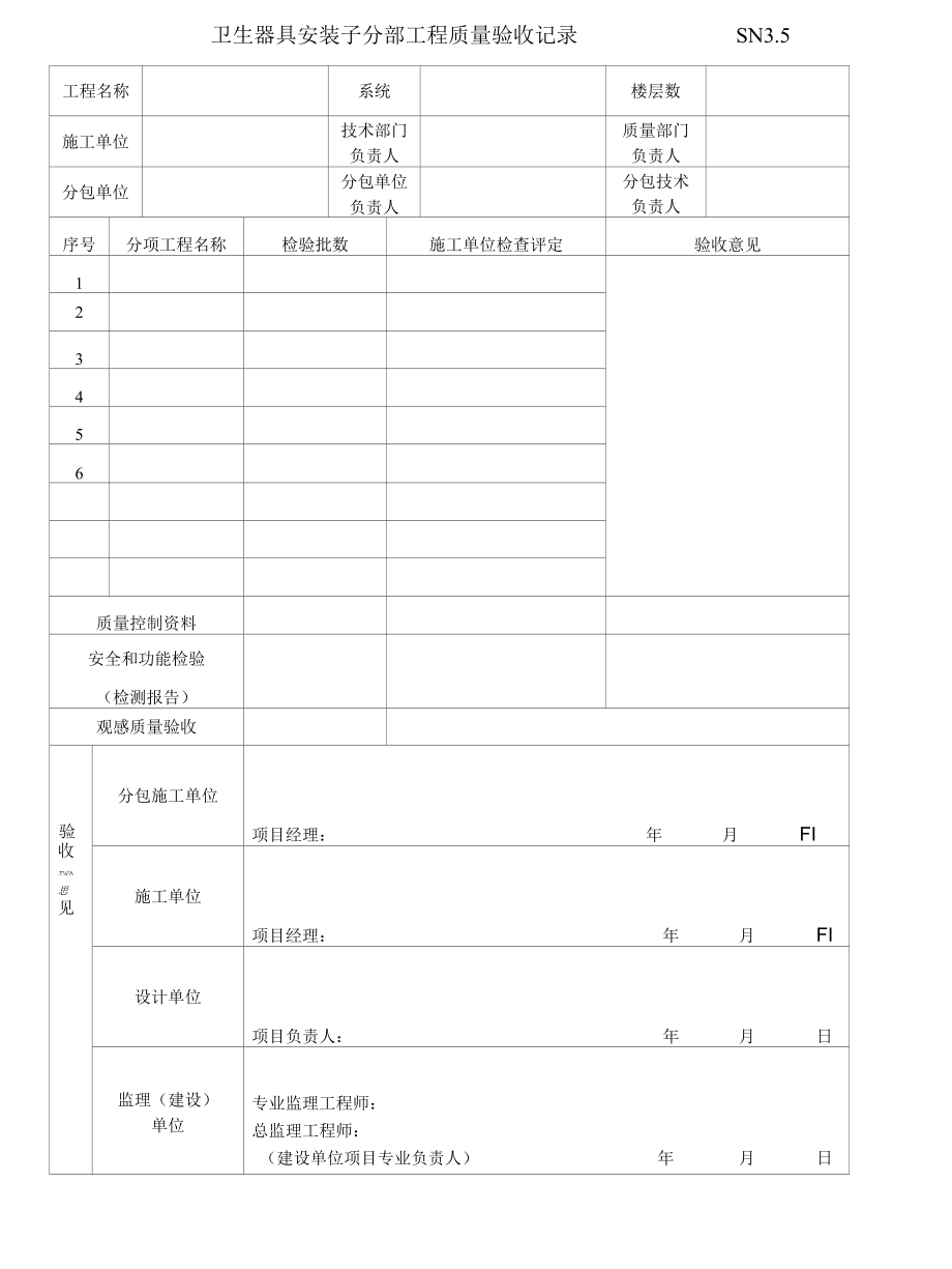 卫生器具安装工程质量验收表.docx_第1页