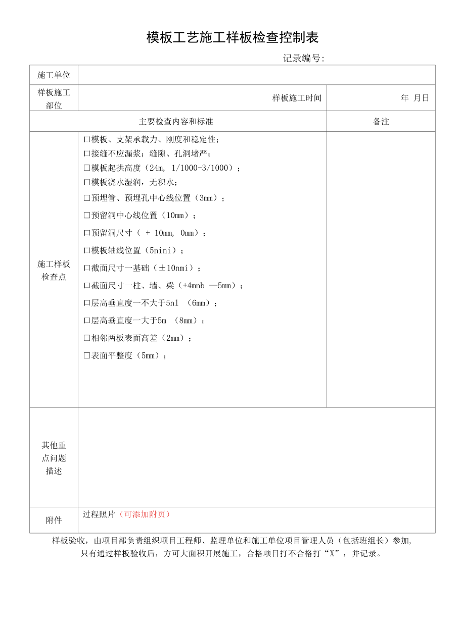 模板工艺施工样板检查控制表.docx_第1页