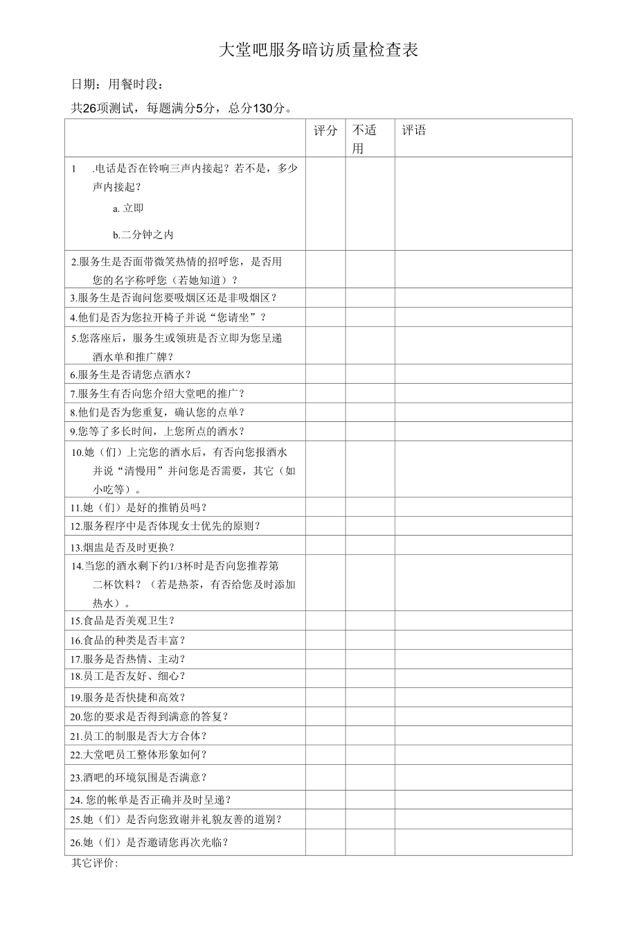 酒店大堂吧服务暗访质量检查表（五星标准）.docx_第1页