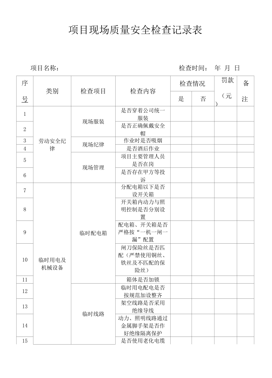 建设项目施工现场质量安全检查记录表.docx_第1页